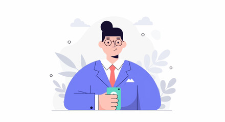 A stylized figure in a blue suit, red tie, and glasses holds a smartphone, with abstract plant shapes in the background