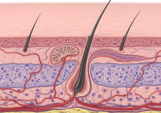 Anatomy of the skin with hair follicles and blood vessels