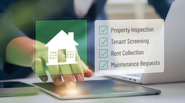 Hand Holding Digital House with Property Management Icons for Real Estate Business Solutions and Rental Services