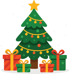 Flat design decorated Christmas tree with colorful gift boxes, vector illustration isolated on white background