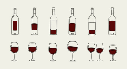 Wine Bottle and Glass Set Vector Illustration Collection with Different Fill Levels