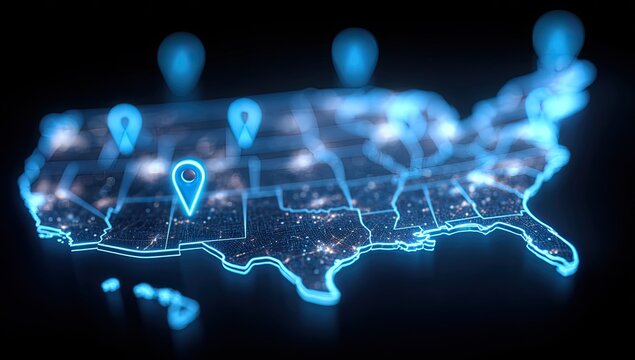 Digital Map of United States with Glowing Pins and Connections.
