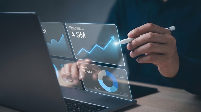 Business professional analyzing stock market growth on laptop with digital finance charts and 4.9M investment data hologram display