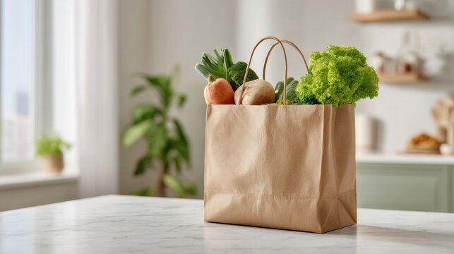 Fresh vegetables in a paper bag on a kitchen counter with light from a window during the day