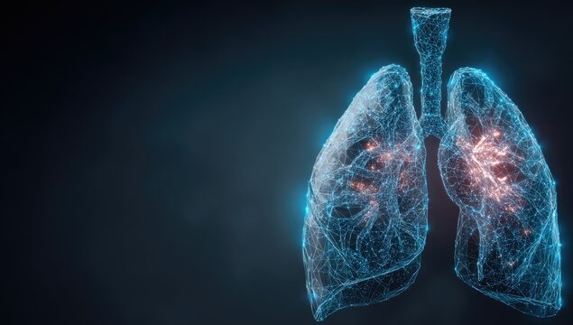 Abstract 3D Rendering of Human Lungs with Glowing Particles.
