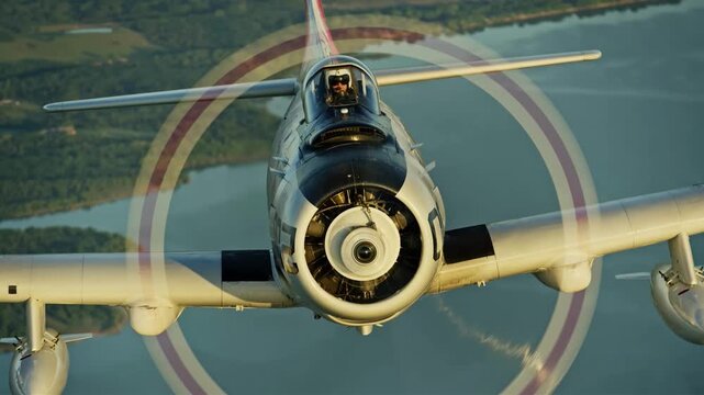 Vintage propeller airplane flying over a serene lake with lush green trees on the shore