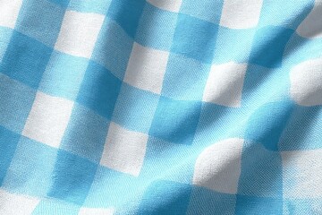 Blue and White Gingham Fabric Texture Close Up.