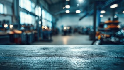 Blurred Industrial Workshop Interior with Wooden Table Foreground.