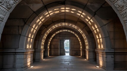 Obraz premium Ancient Stone Archway with Modern Illuminated Patterns - Historic Architecture