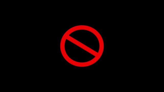 Red neon prohibited stop sign animation appearing on black background, warning and restricted concept