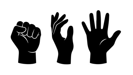 Vector Illustration Hands Showing Gesture Progression on PNG Background, Gloved Hands Vector, Hand Gesture Sequence, Clenched Fist to Open Hand, Flat Vector Illustration, Black Gloves Vector, 