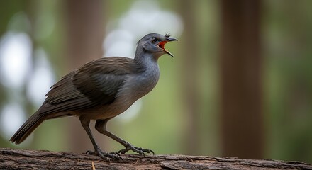 Fototapeta premium Bird Singing on Branch in Forest.