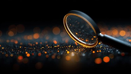 Magnifying Glass Focuses on Glowing Particles in Dark Abstract Background.