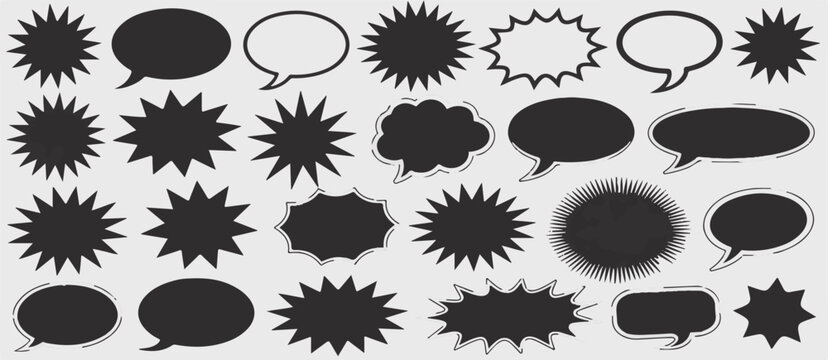 Collection of black speech bubbles and starburst shapes for design and communication purposes