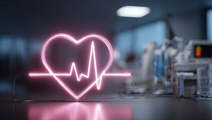 Glowing Neon Heartbeat EKG Symbol in Medical Setting.