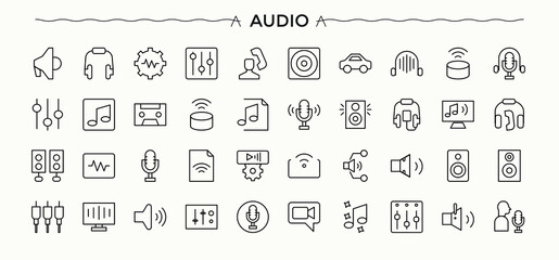 Audio simple icon set. Contains such symbols as media, speaker, speak and more. Media modern icon set. Icons for UI design. Vector illustration in modern line style.