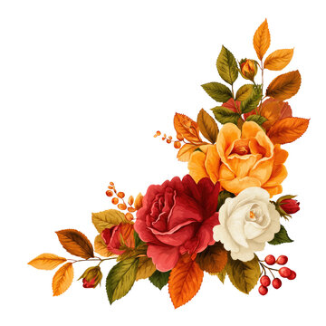 A floral corner arrangement with roses, leaves, and berries in autumn hues on black