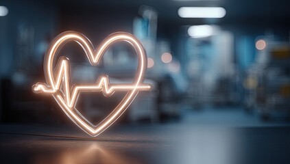 Glowing Neon Heartbeat Symbol Illuminates Dark Medical Setting.