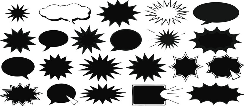 Set of black comic book speech bubbles and explosion shapes for graphic design and comics