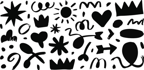 Fototapeta premium Abstract doodle elements hearts crowns arrows stars sun shapes black ink on transparent background