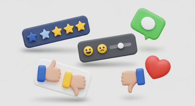 Social media feedback icons and rating system elements.
