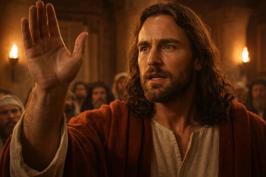 Jesus Teaching in a Grand Ancient Synagogue with Raised Hand as Crowd of Religious Men React in Shock