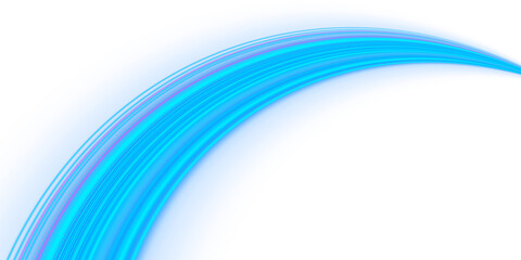 Obraz premium Neon blue curved wave light streak overlay with glowing dynamic speed ray effect isolated on transparent background for futuristic abstract design