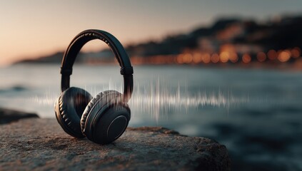 Headphones on a rock by the sea with sound waves.