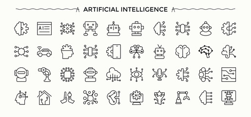 Artificial Intelligence icon set. Outline icons collection. Ai icon set. Included automation, robot, technology, bot, intelligence, digital, future and more.