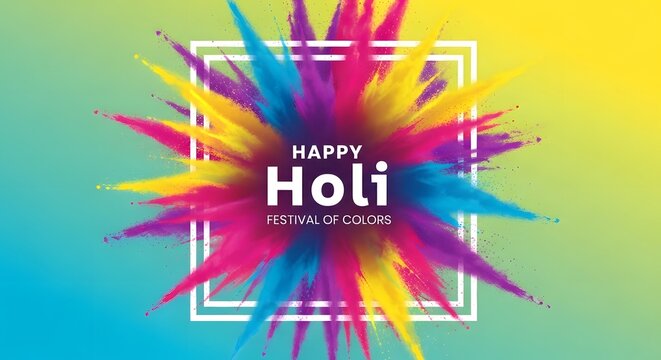 Vibrant holi celebration background with colorful paint splashes and happy holi text in white font on a gradient green background