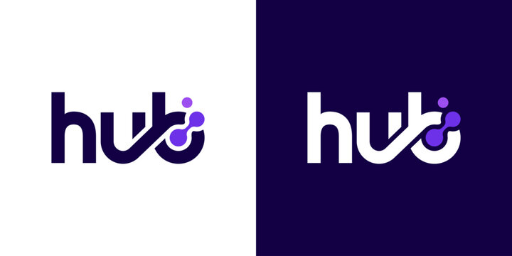 Hub logo design wordmark. Technology connection abstract dot, molecule and biotechnology system graphic design vector illustration. Symbol, icon, creative.