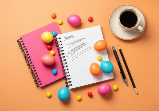 Colorful easter eggs and stationery on orange background