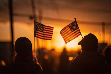 Two American Flags Waving at Sunset with Silhouetted People.