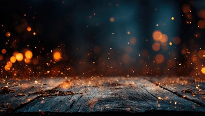 Abstract Bokeh Lights Over Rustic Wooden Surface.