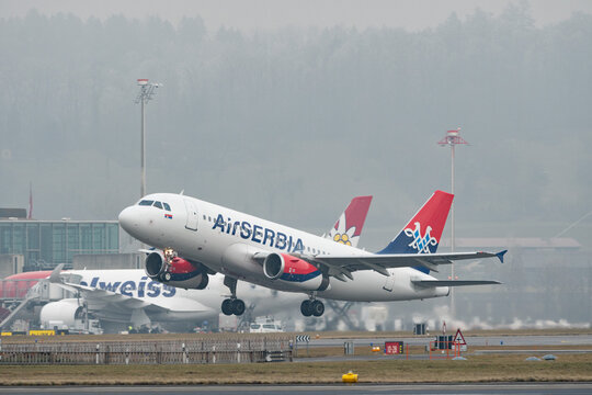 YU-APM Air Serbia Airbus A319-132 jet in Zurich in Switzerland 23.1.2026