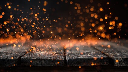 Rustic Wooden Surface with Fiery Sparks and Bokeh Effect.