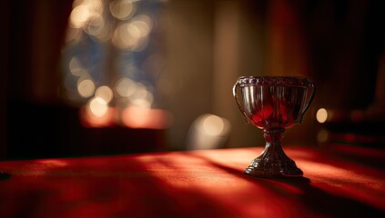 Mysterious Chalice on Red Altar with Soft Bokeh Lights.