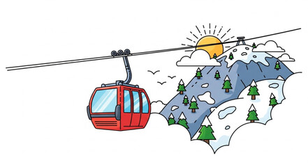 Red Cable Car Moving on a Ropeway Over Mountains. © Aji