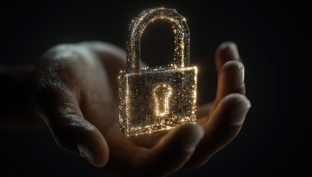 Golden Lock Held in Hand Symbolizing Security and Protection.