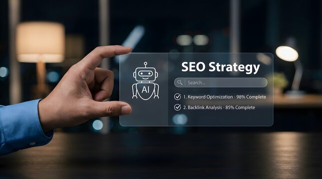 A human hand holding a futuristic transparent screen displaying an SEO strategy interface powered by AI, showing progress on keyword optimization and backlink analysis.