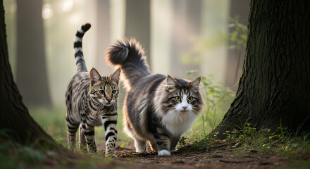 Obraz premium Two cats walking through a forest with trees and greenery, viewed from a slight distance.