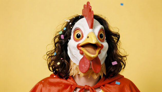 Surreal and playful close-up of a woman in a colorful chicken costume with mask, cape, and confetti on a glossy vibrant background. Funny carnival party concept with copy space, k&ouml;lle, alaaf