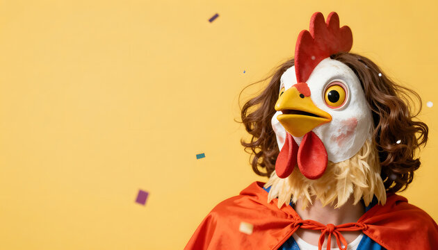 Surreal and playful close-up of a woman in a colorful chicken costume with mask, cape, and confetti on a glossy vibrant background. Funny carnival party concept with copy space, k&ouml;lle, alaaf