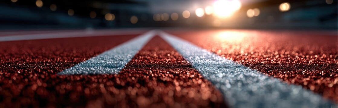 Close-up view of a running track with white lines and stadium lights in the background.