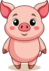 adorable chubby cartoon piglet standing vector illustration, full body, pink skin, floppy ears, curly tail, big cute eyes, small happy smile, flat minimalist style, white background