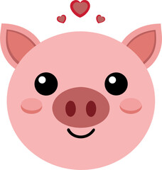 minimalist vector pig snout close-up, pink oval snout with two nostrils, rosy blush circles on cheeks, small hearts floating around, flat kawaii design, black outline,   white background