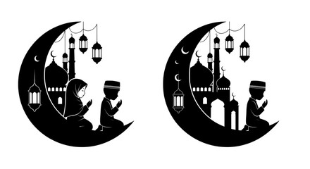 Ramadan silhouette of children praying in crescent moon with mosque