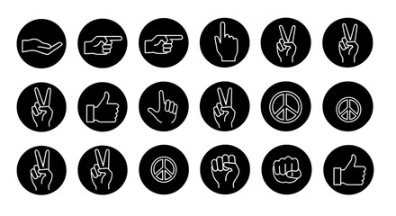 Hand gesture icons set with peace symbols in black circles