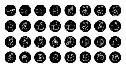 Hand gesture icons set with peace symbols in black circles