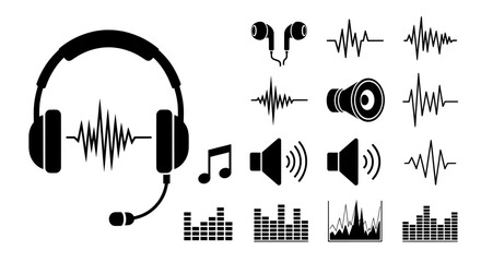 Audio icons set with headphones sound waves and equalizer bars
